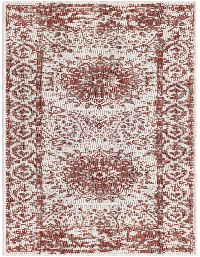 A 5 ft runner rug featuring a distressed traditional medallion pattern in terracotta orange and off-white, suitable for hallways or patios.