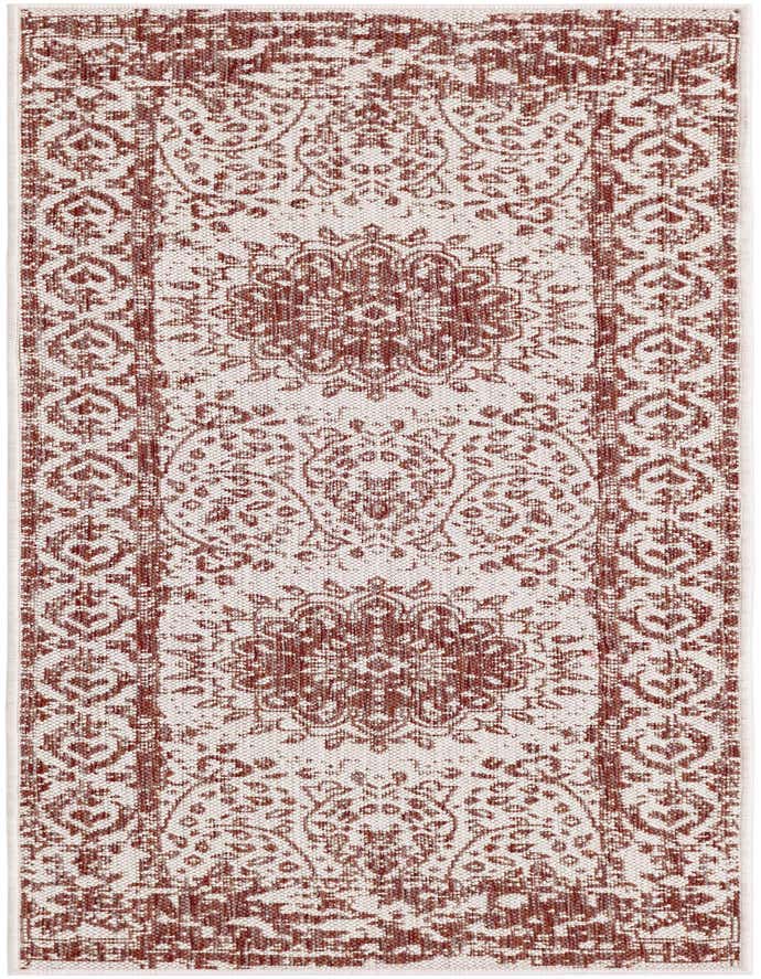 A 6 ft runner rug with a distressed traditional medallion pattern in shades of orange and red on a light background, suitable for hallways or patios.