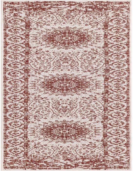 An 8 ft runner rug featuring a distressed traditional medallion pattern in shades of orange and red on a light background, suitable for a hallway or patio.