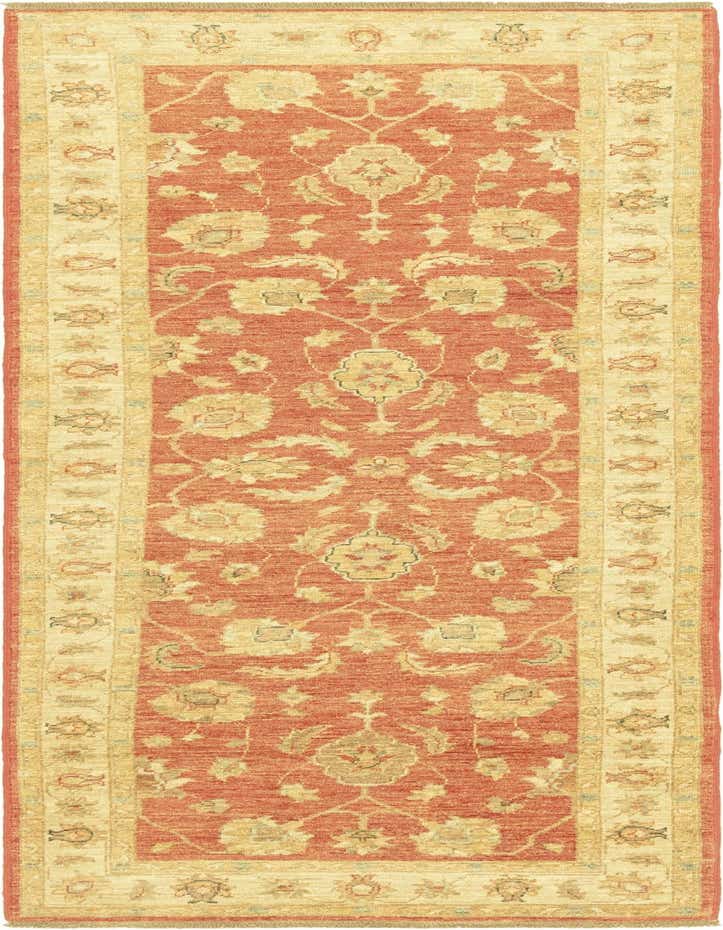 An 8 ft runner rug in shades of orange and red with a traditional botanical pattern and a cream border.