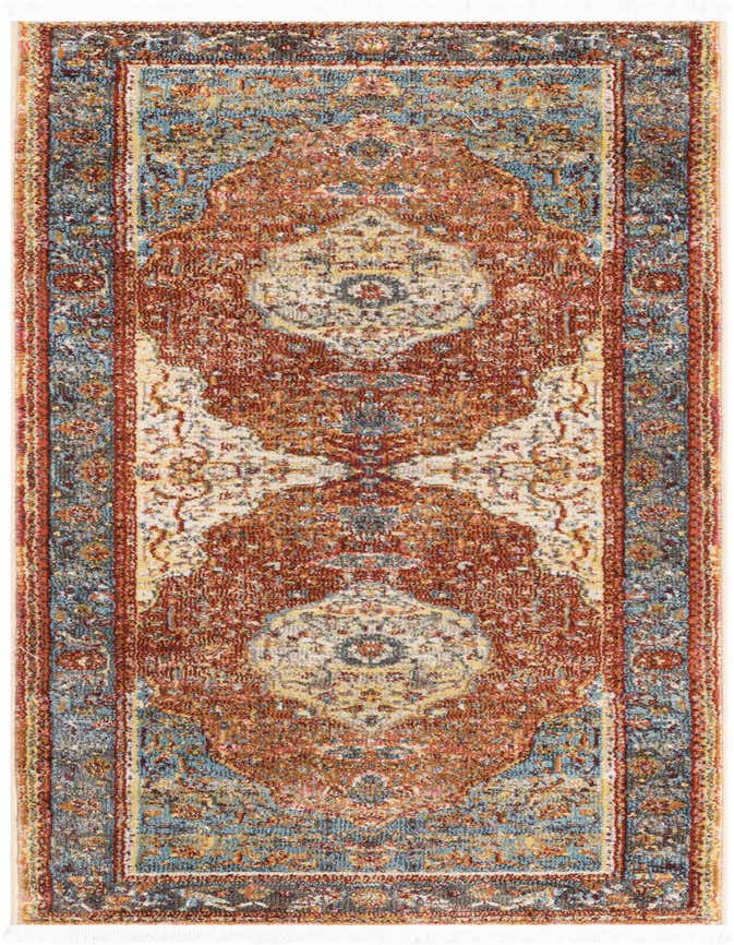 A 6 ft runner rug featuring a vibrant medallion pattern in oranges, reds, and blues, with a distressed, vintage look.