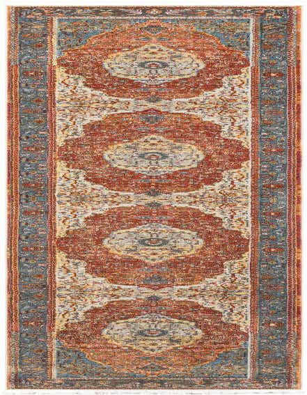A 12 ft runner rug in a transitional medallion pattern featuring distressed oranges, reds, and blues, ideal for a hallway.