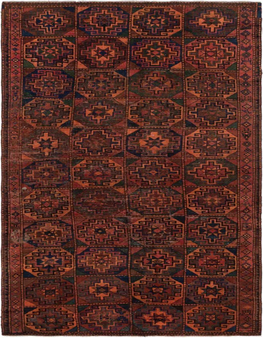 A 10 Ft Runner Shiraz rug in traditional Persian style, featuring geometric patterns in oranges, reds, and blues.