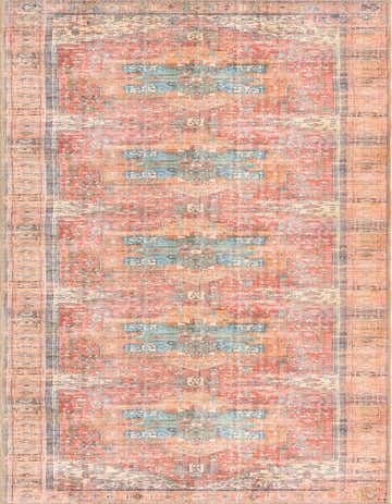 A long 14 ft runner rug in oranges and reds with a distressed transitional oriental medallion pattern, suitable for a hallway.
