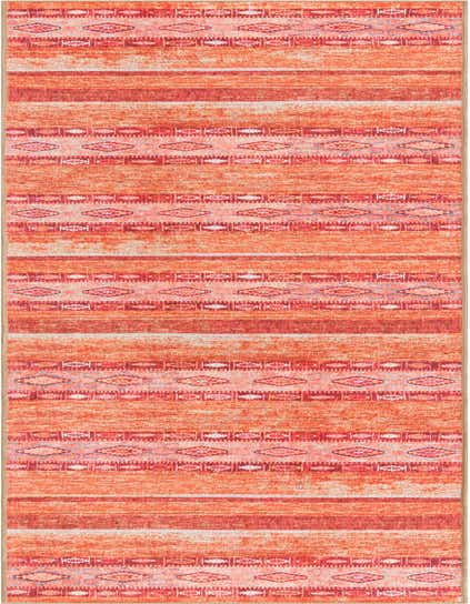A 12 ft runner rug in shades of orange and red with a transitional tribal stripe pattern, ideal for hallways.