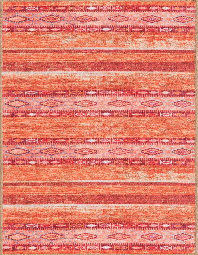 A 6 ft runner rug with a vibrant orange and red tribal stripe pattern, featuring diamond motifs and a flatweave texture, ideal for a hallway.