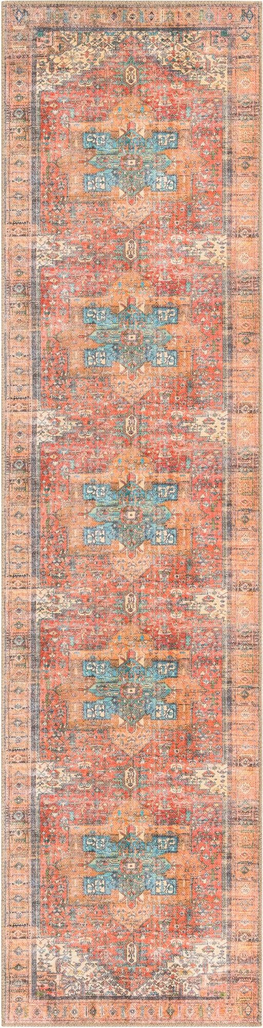 An 8 ft runner rug in a transitional oriental style, featuring distressed oranges, reds, and teal accents with a medallion pattern, ideal for a hallway.