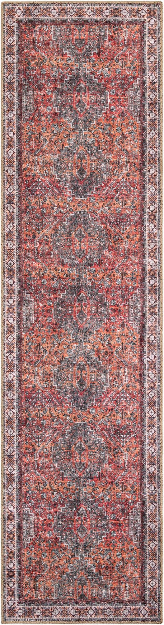A 10 ft runner rug with a distressed traditional pattern in shades of orange, red, and dark gray, ideal for a hallway.
