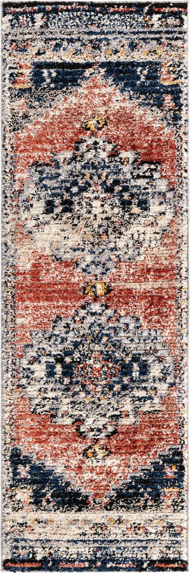 A 6 ft runner rug with a Southwestern medallion pattern in shades of orange, red, navy, and cream, featuring a high shag pile.
