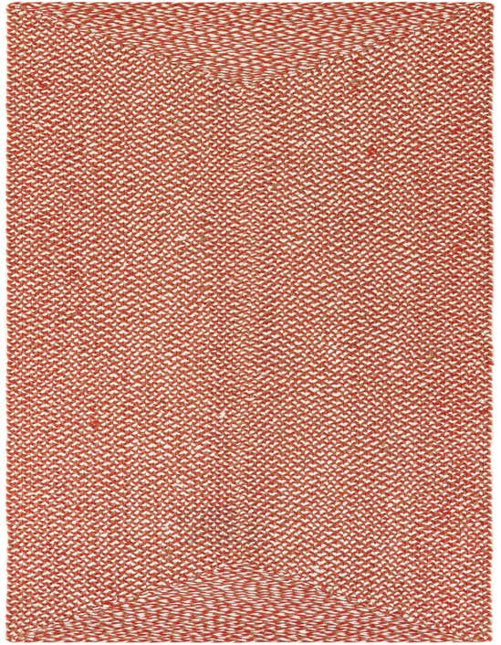 A 10 ft runner rug in a braided jute texture, featuring a modern pattern of interwoven orange and red hues.
