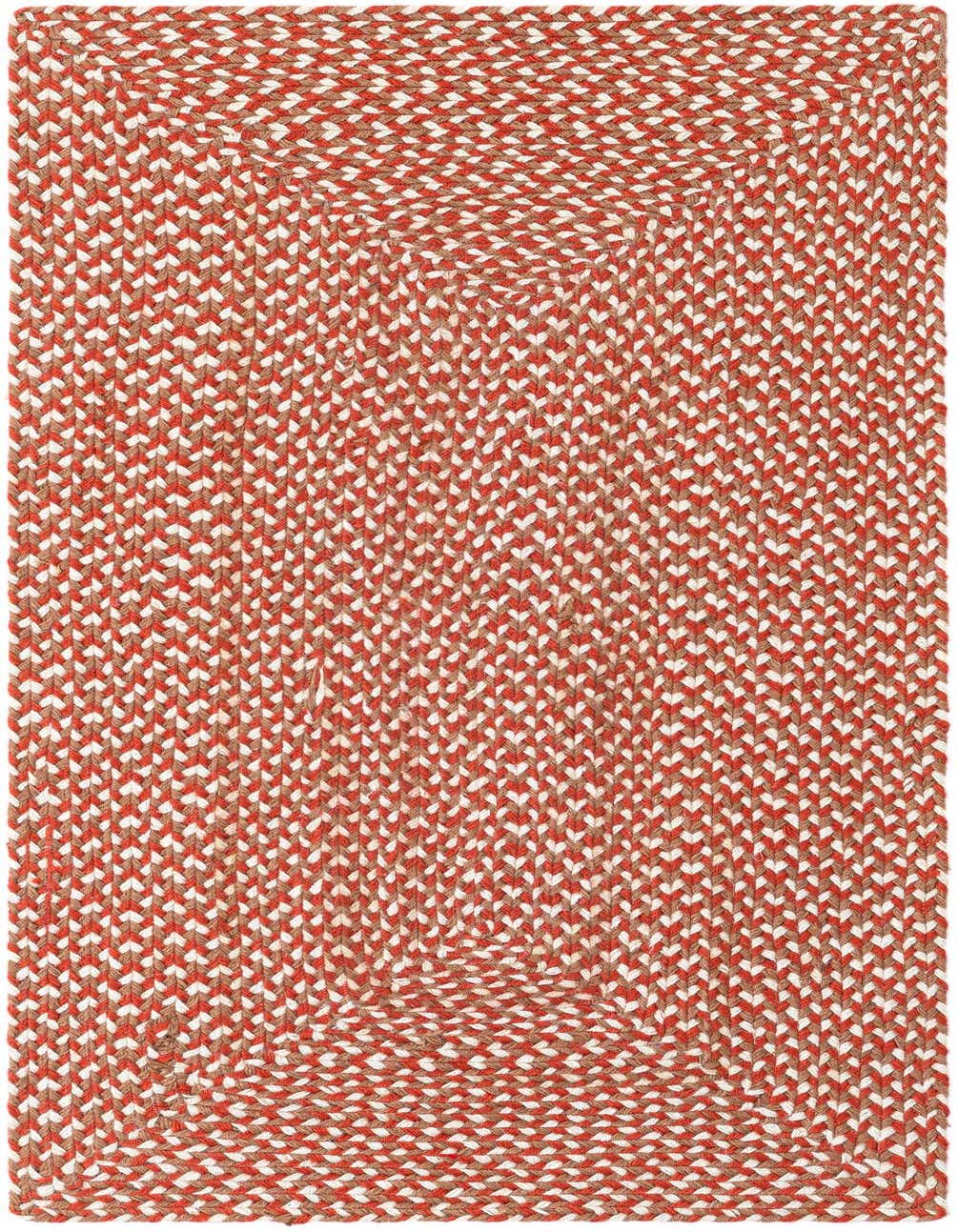 A 4 ft runner rug from the Tweed Braided Jute collection, featuring a modern braided pattern in shades of orange, red, and natural jute.