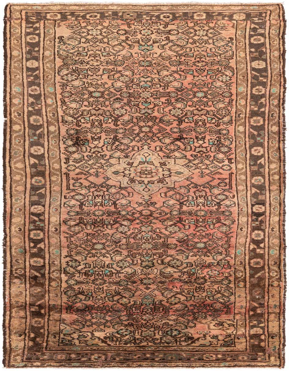 A 9 ft runner rug in a traditional Persian style, featuring a medallion pattern in oranges, reds, and browns with subtle teal accents.