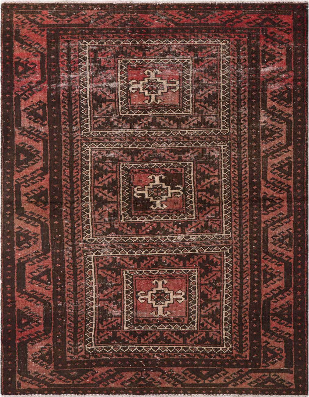 A 7 Ft runner rug in vintage Persian style, featuring a rich blend of oranges and reds with intricate geometric patterns and three central medallions.
