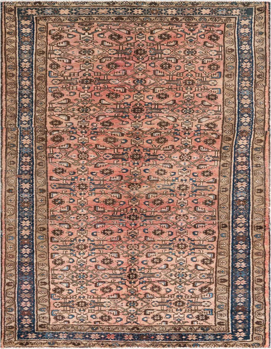 A 9 ft runner rug in shades of orange and red with a traditional Persian pattern and blue border, ideal for a hallway.