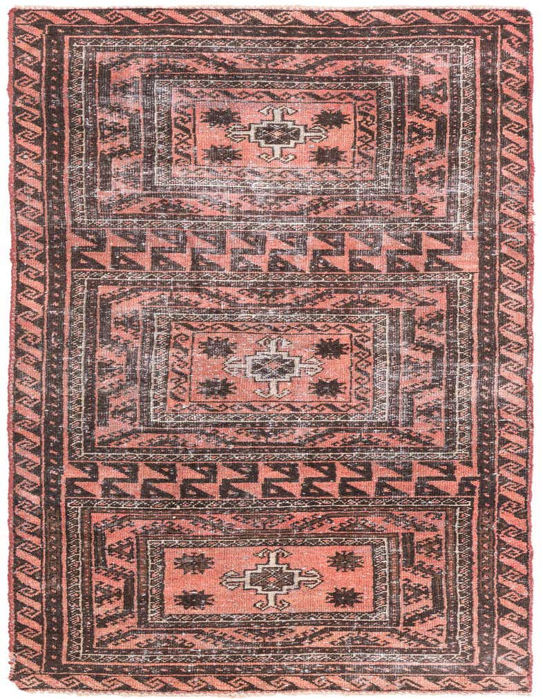 A 7 ft runner rug in shades of faded orange and dark brown, featuring a distressed Persian-style geometric pattern, ideal for a hallway.