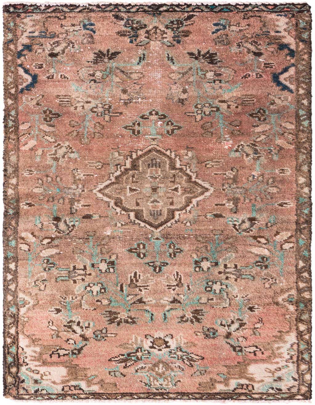 A 5 ft runner rug in muted orange and red tones with a distressed Persian medallion pattern and a dark border.