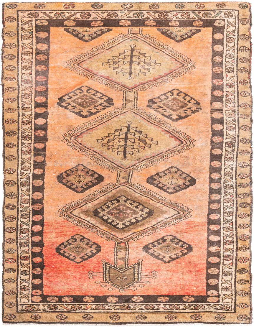 An 8 ft runner rug featuring a distressed orange and red field with large, intricate diamond medallions and traditional Persian patterns.