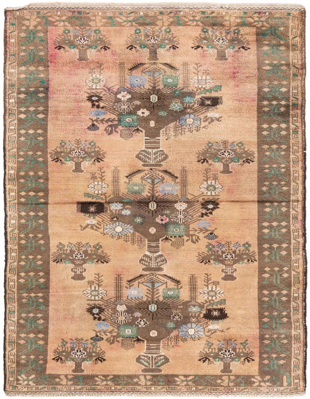 A 7 ft runner rug in shades of orange and red with a traditional Persian tree-of-life pattern and dark border.