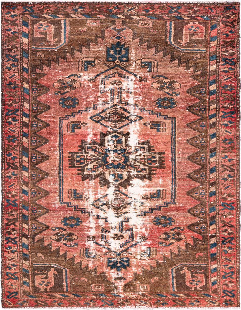 A 7 ft runner rug with a distressed Persian medallion pattern in shades of red, orange, brown, and blue, ideal for a hallway.
