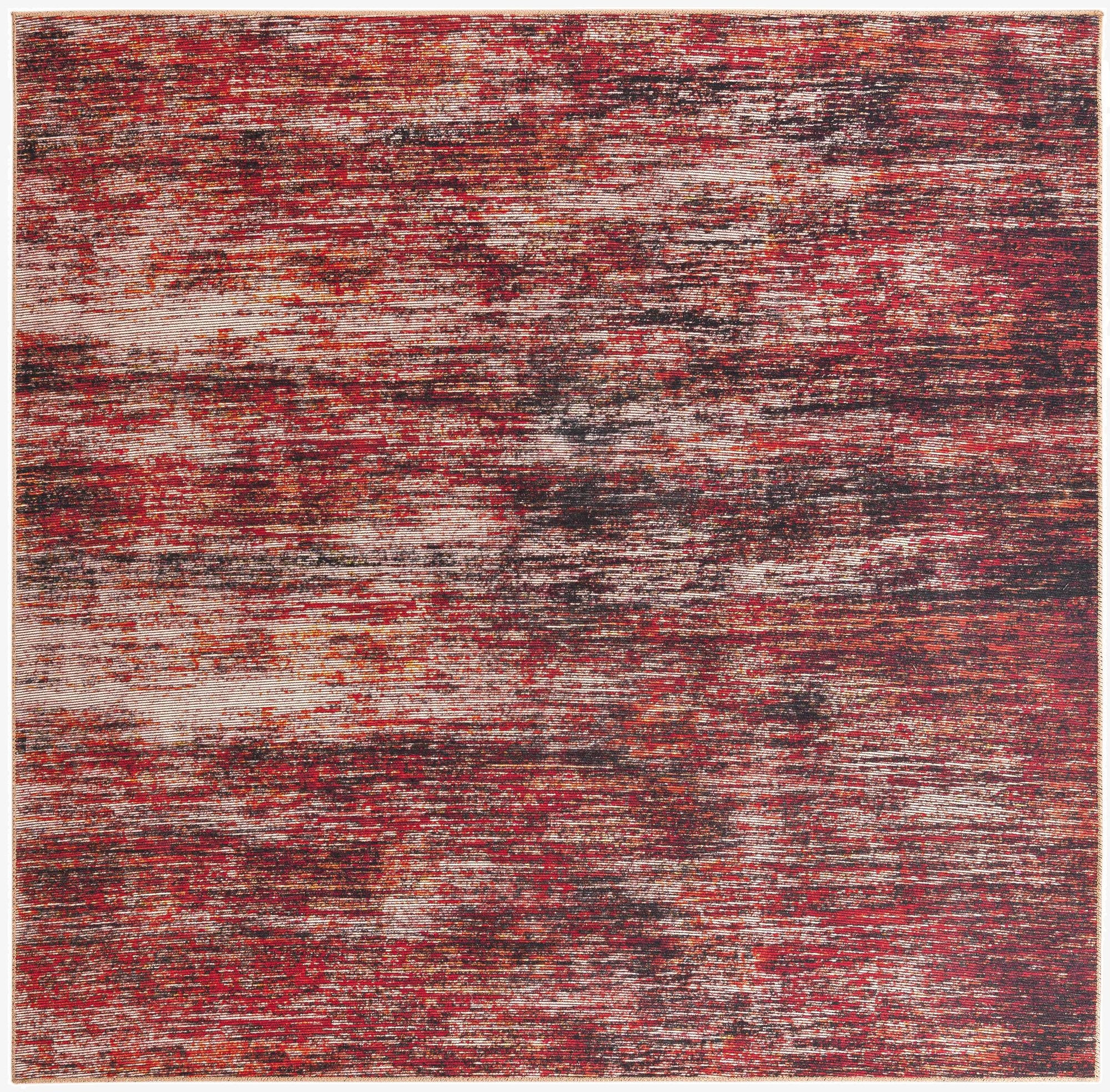 A 7' 7 x 7' 7 square modern rug with a distressed stripe pattern in shades of orange, red, and black.