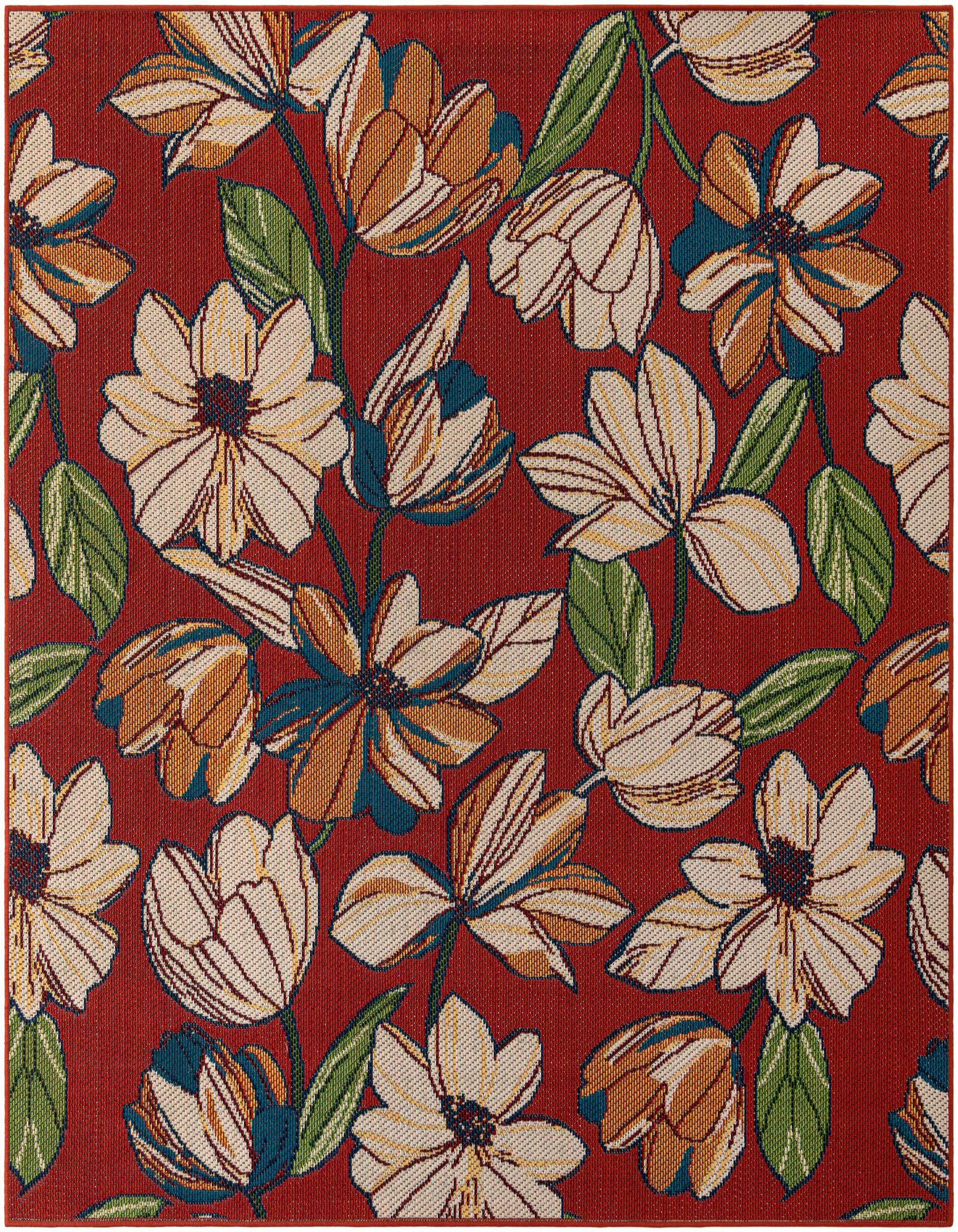 A 7' 10 x 7' 10 square rug featuring a modern floral pattern with cream, orange, and teal flowers and green leaves on a rich red background.
