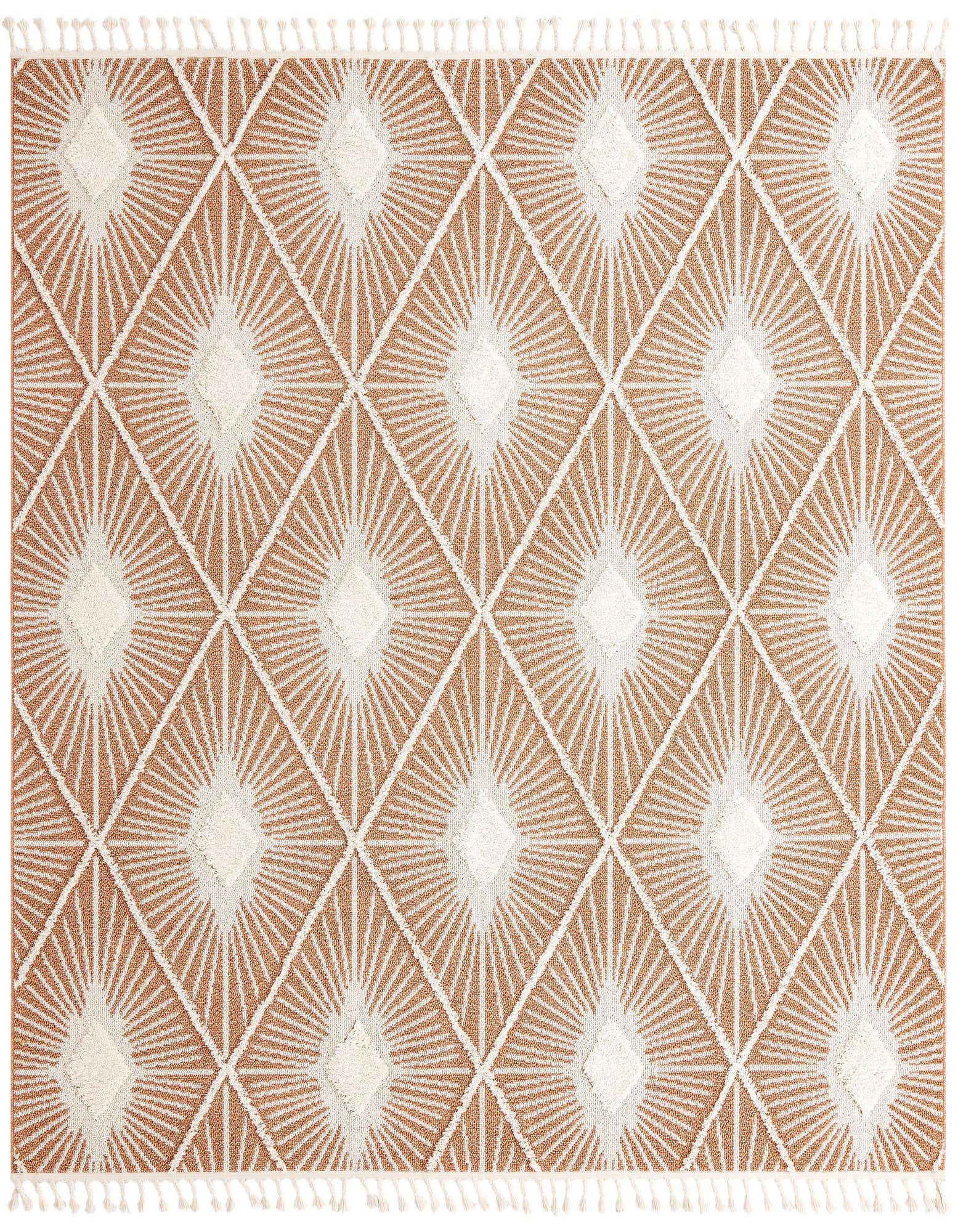 A square orange and white area rug with a textured diamond pattern and fringed edges, suitable for a living room or bedroom.
