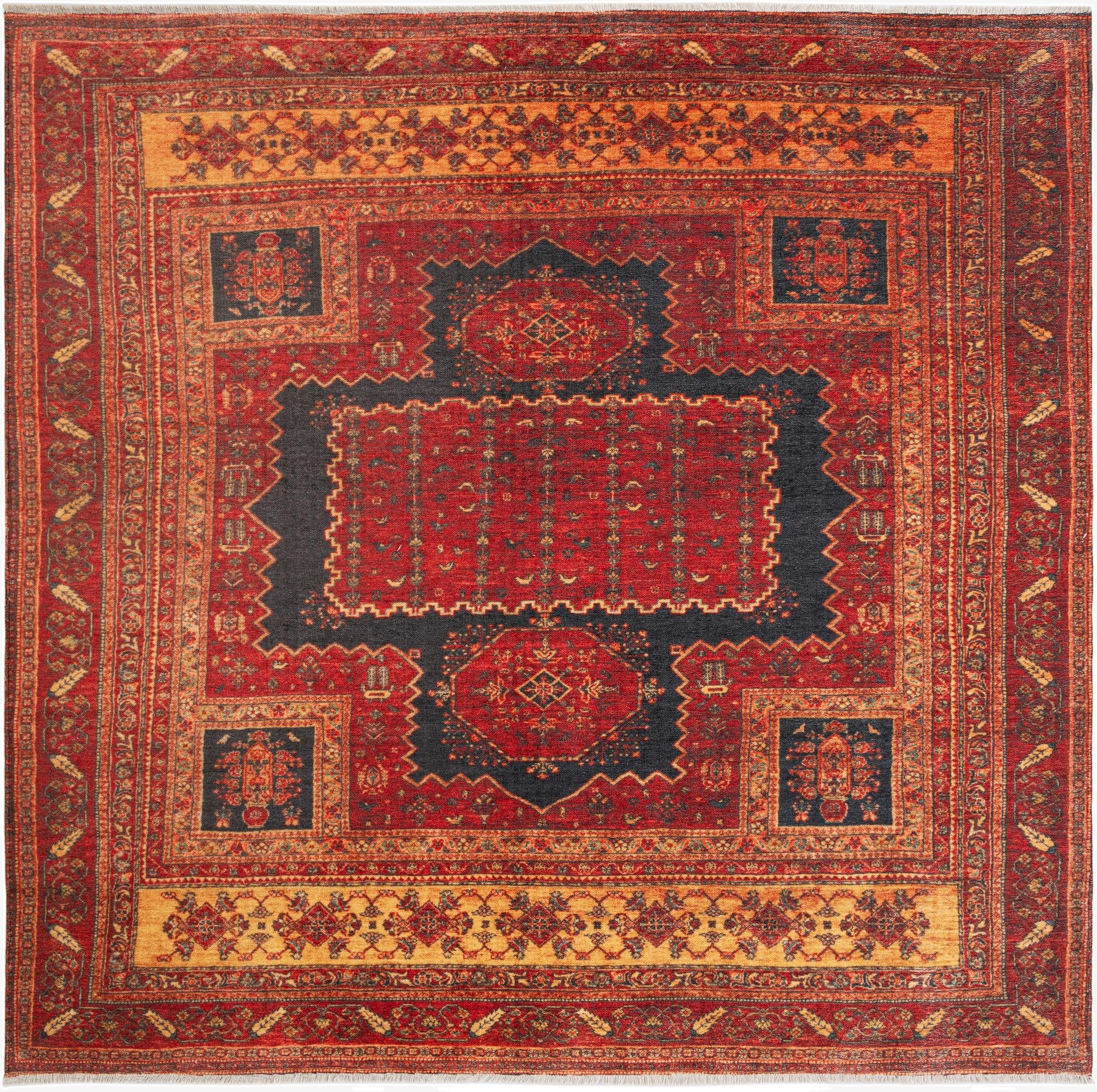 A square 7'9" x 7'9" traditional tribal rug featuring a central medallion and intricate patterns in deep reds, oranges, and dark blue accents.