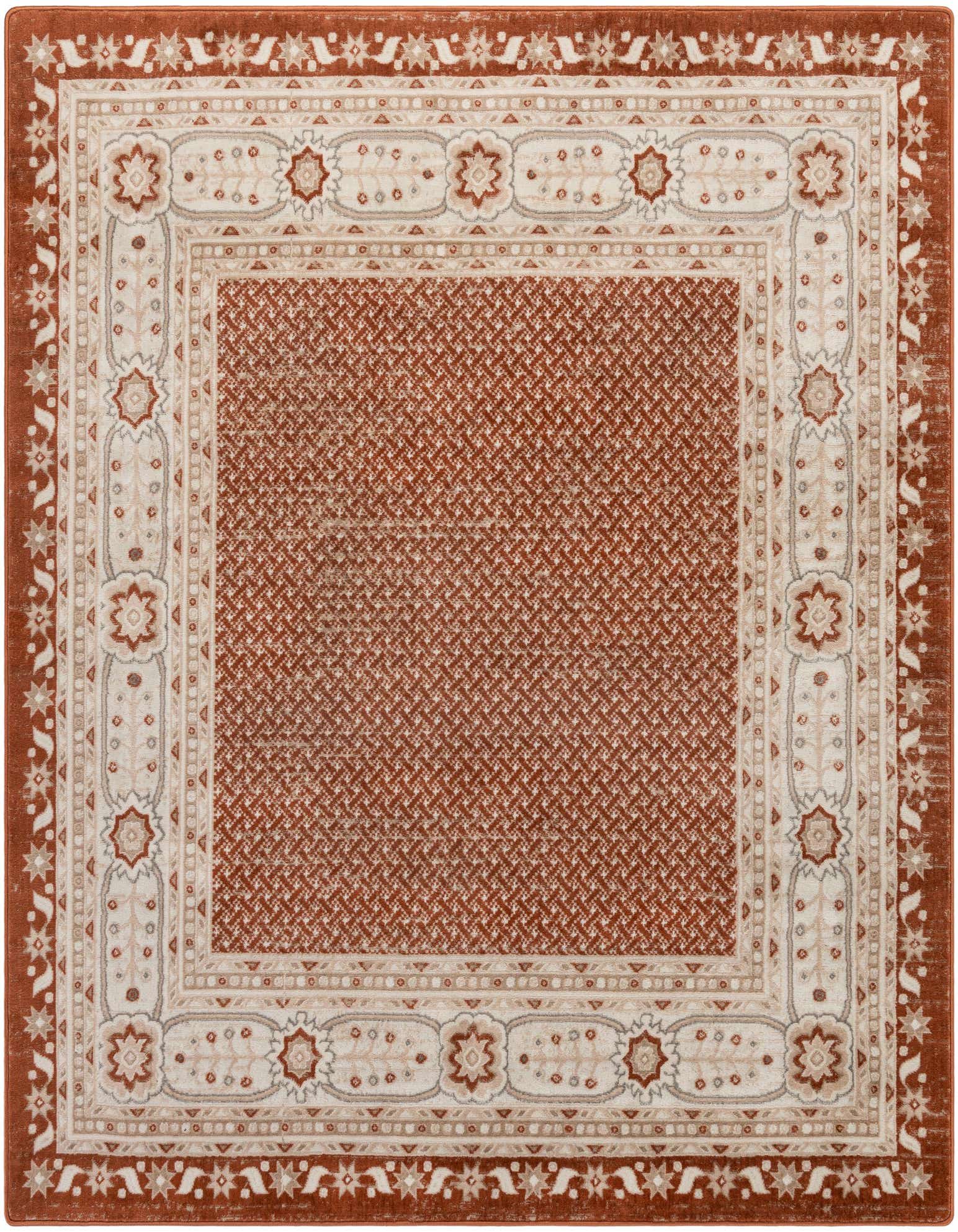 A 7' 10 x 7' 10 square orange and beige modern rug with a detailed border pattern.