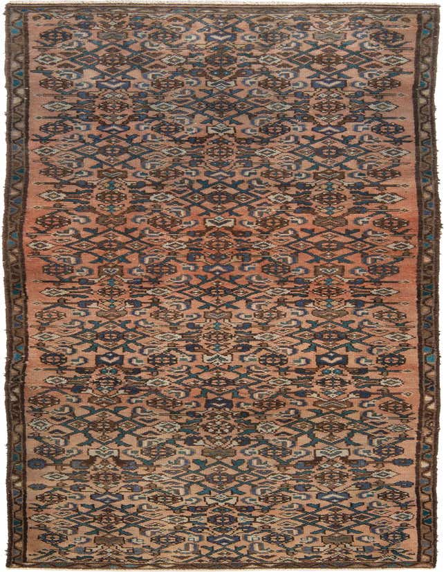 A 2' 10 x 9' 2 Hamedan square rug featuring traditional Persian and tribal patterns in shades of orange, red, and blue.