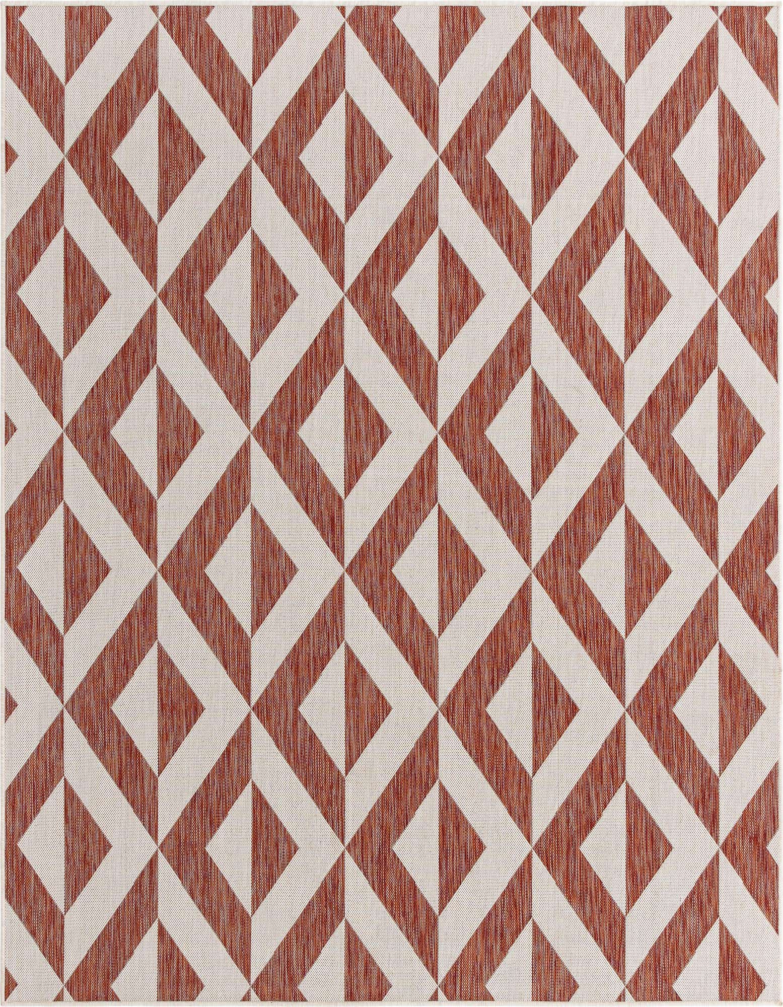 A 7' 10 x 7' 10 square indoor/outdoor rug featuring a repeating geometric trellis pattern in terracotta orange and off-white.