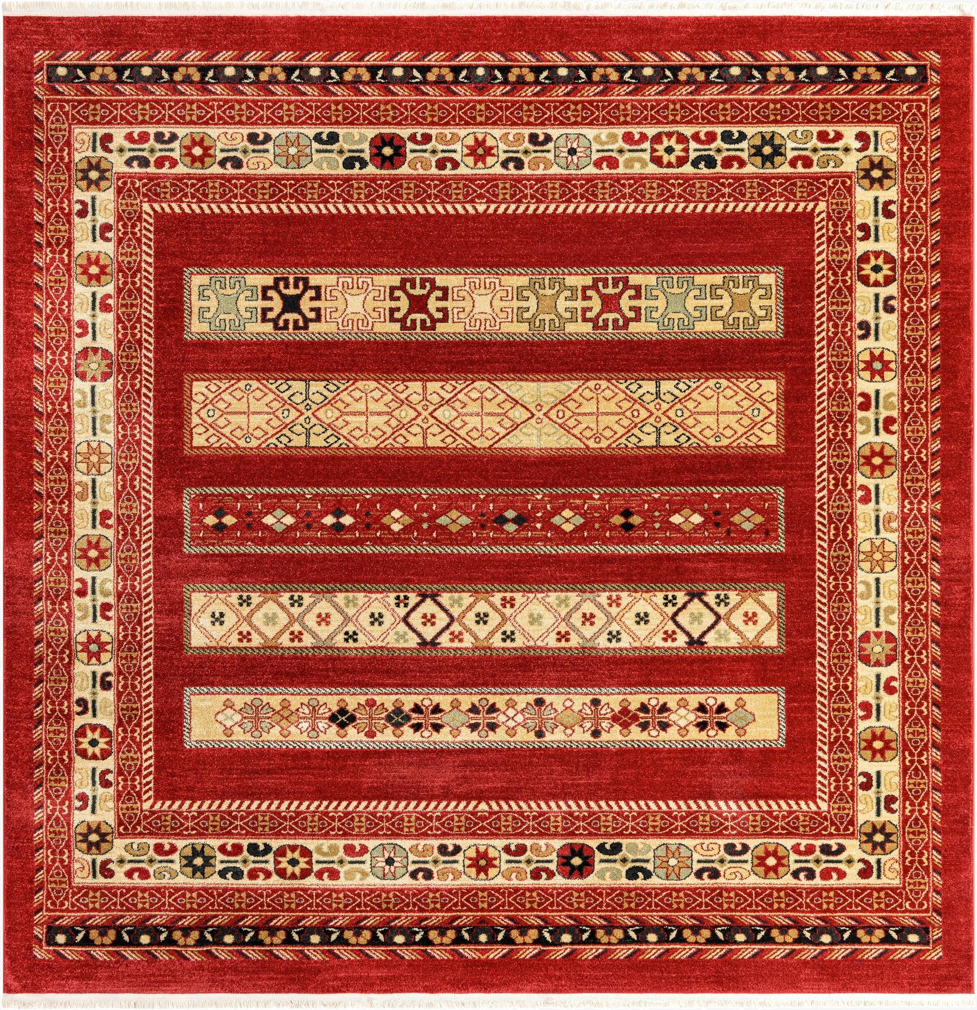 A square 8' x 8' Kashkuli Gabbeh rug featuring a vibrant red field with tribal stripes and a detailed border in oranges, reds, and cream.