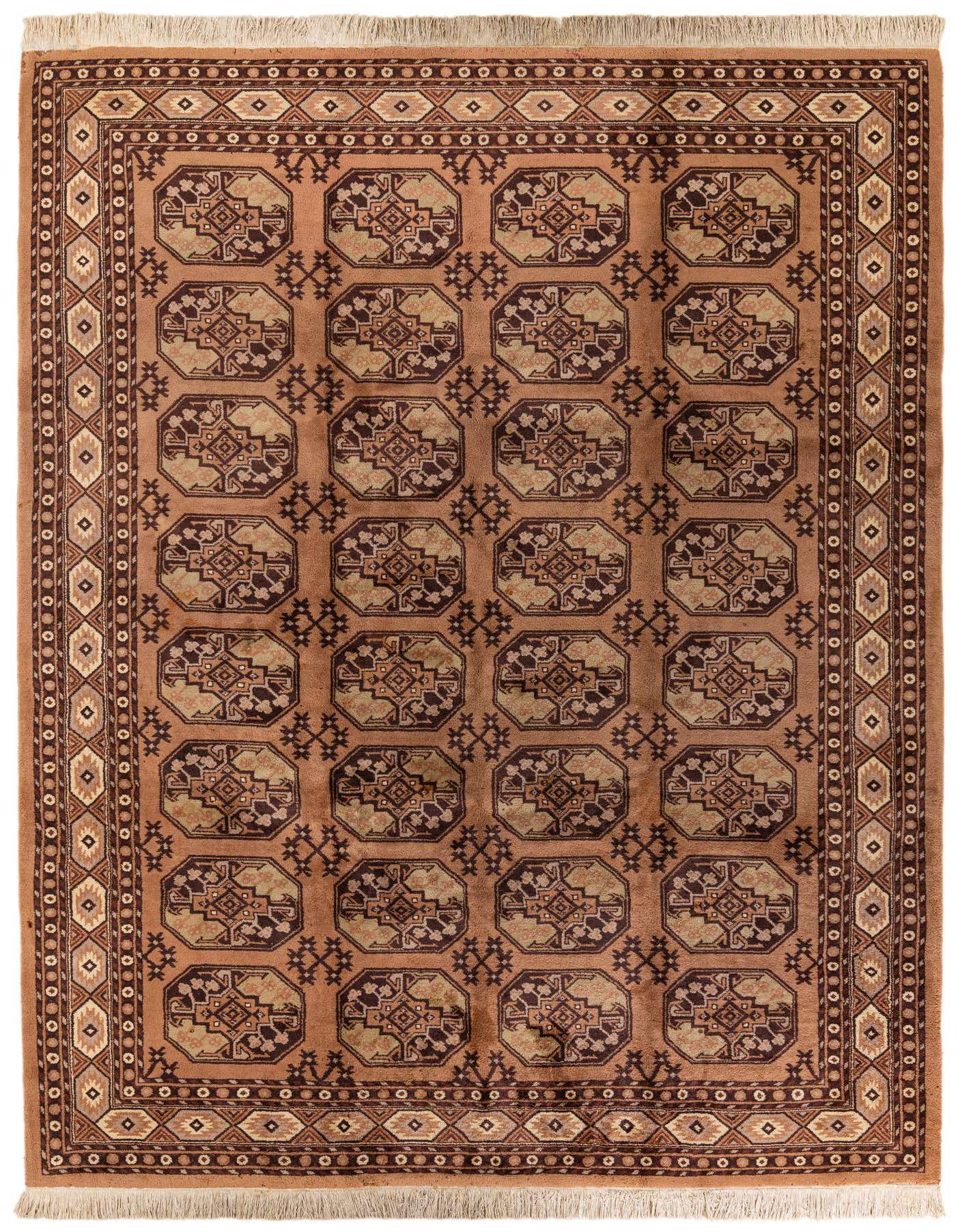 A large 8'3" x 11'5" square Khal Mohammadi rug in shades of orange and red, featuring a traditional Oriental abstract pattern with octagonal medallions and a detailed border.