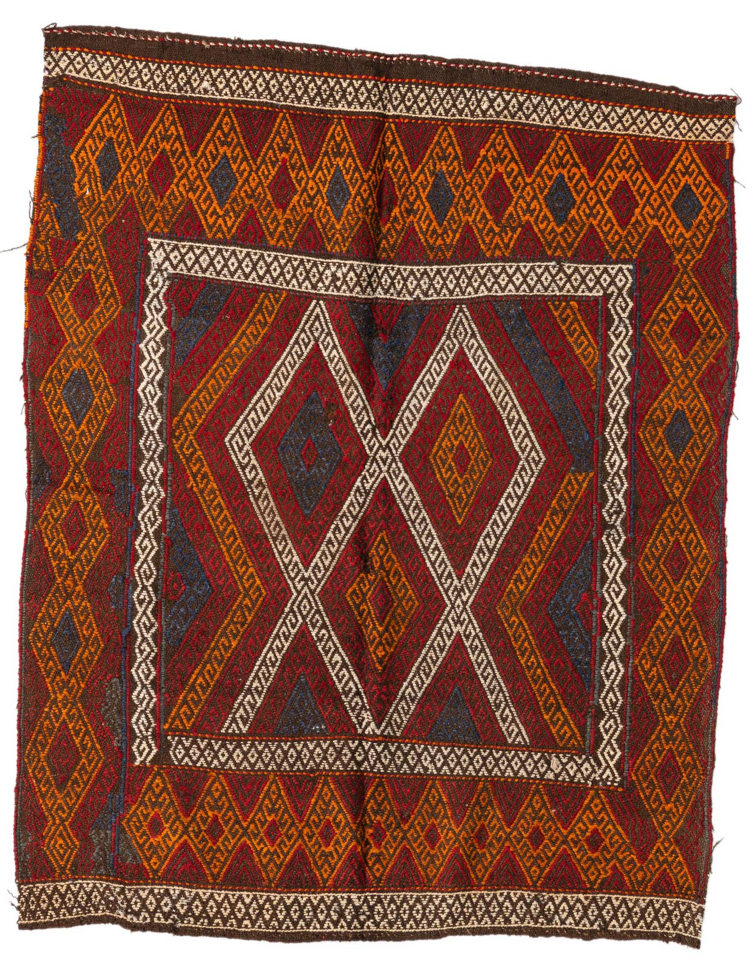 A 4'x4' square Kilim Fars rug with a tribal Persian pattern in oranges, reds, and dark blue, featuring a central diamond motif.