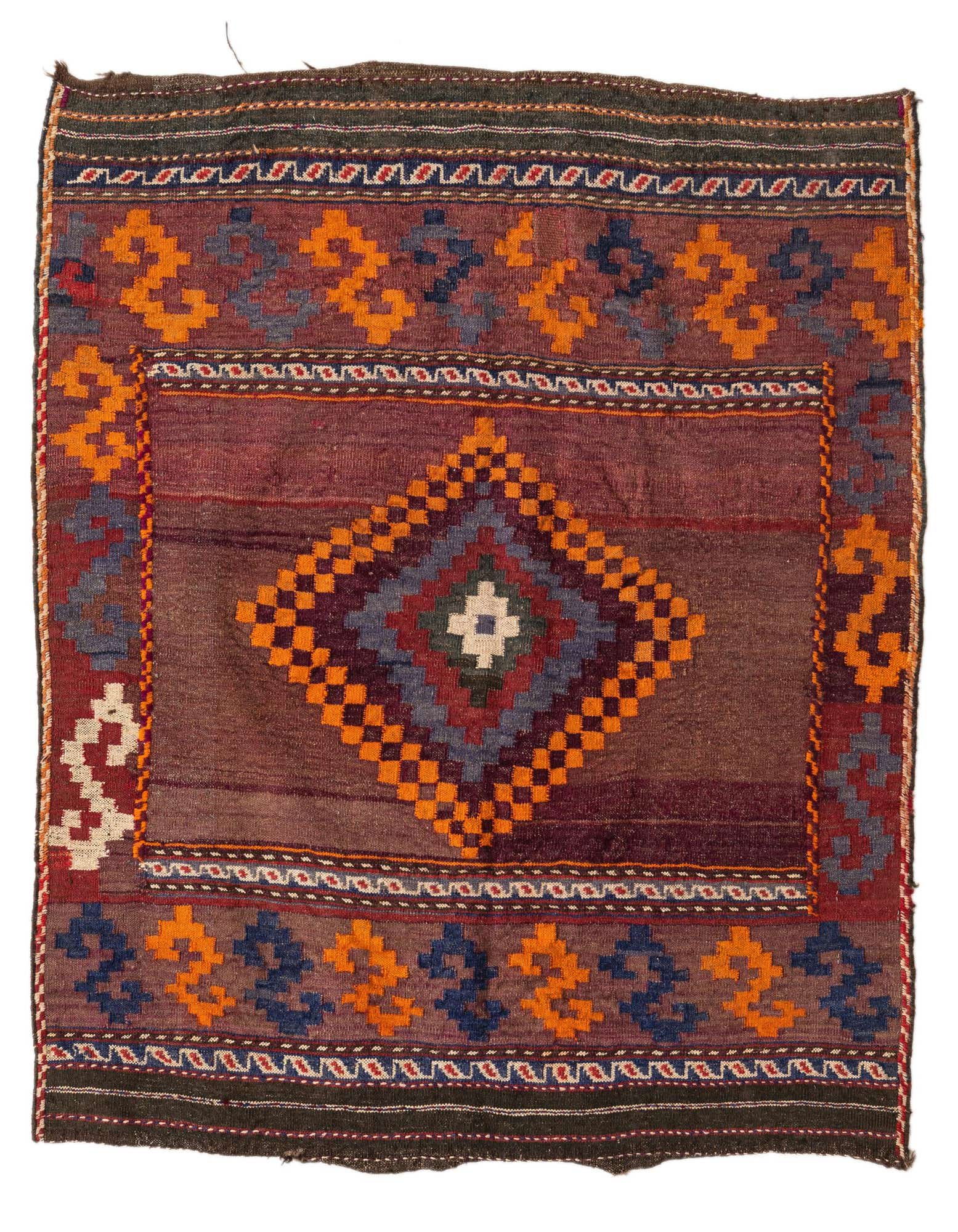 A square 3' 9 x 3' 10 Kilim Fars rug with a central medallion in oranges, reds, and blues, surrounded by tribal patterns.