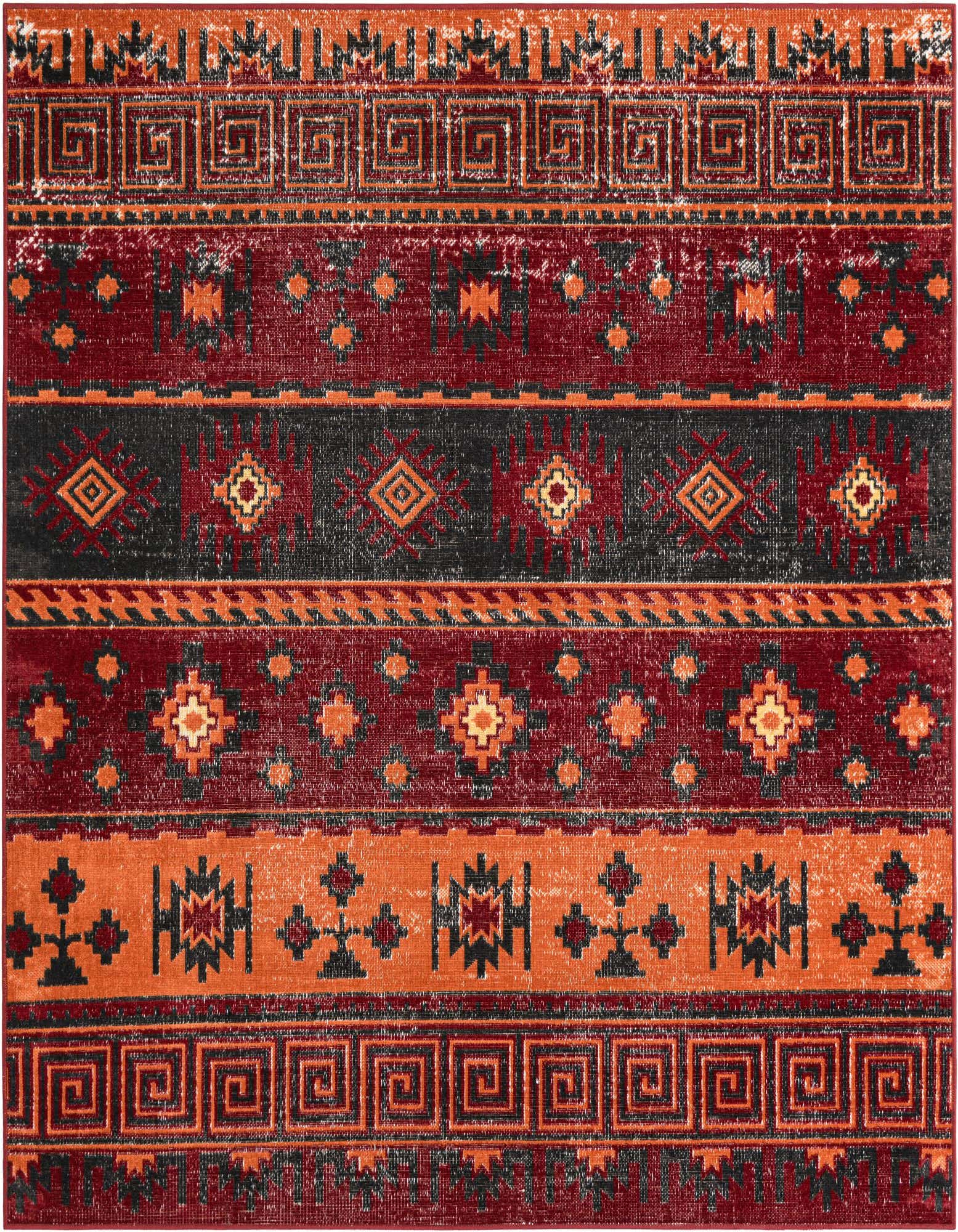 A square 6'1" x 6'1" Lucerne rug featuring a vibrant striped pattern in shades of orange, red, and black with geometric motifs.