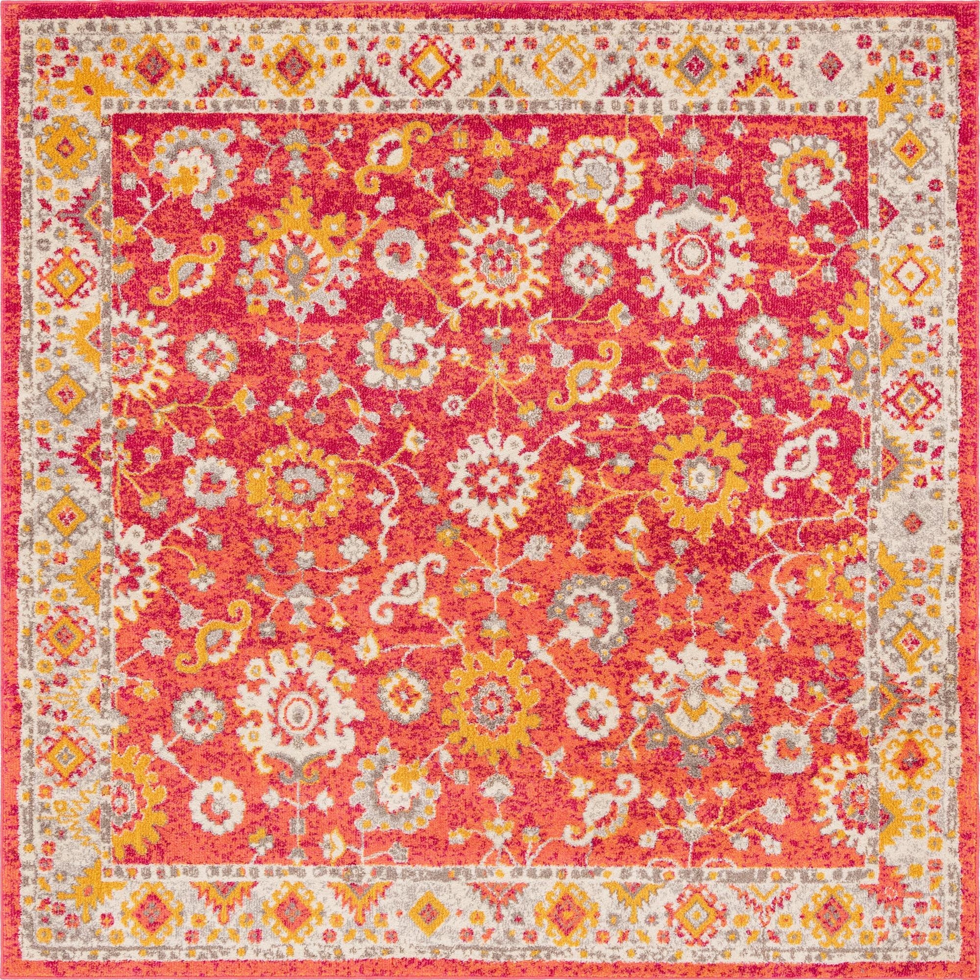 A vibrant 8'x8' square orange and red traditional area rug with a detailed botanical medallion pattern and a decorative border.