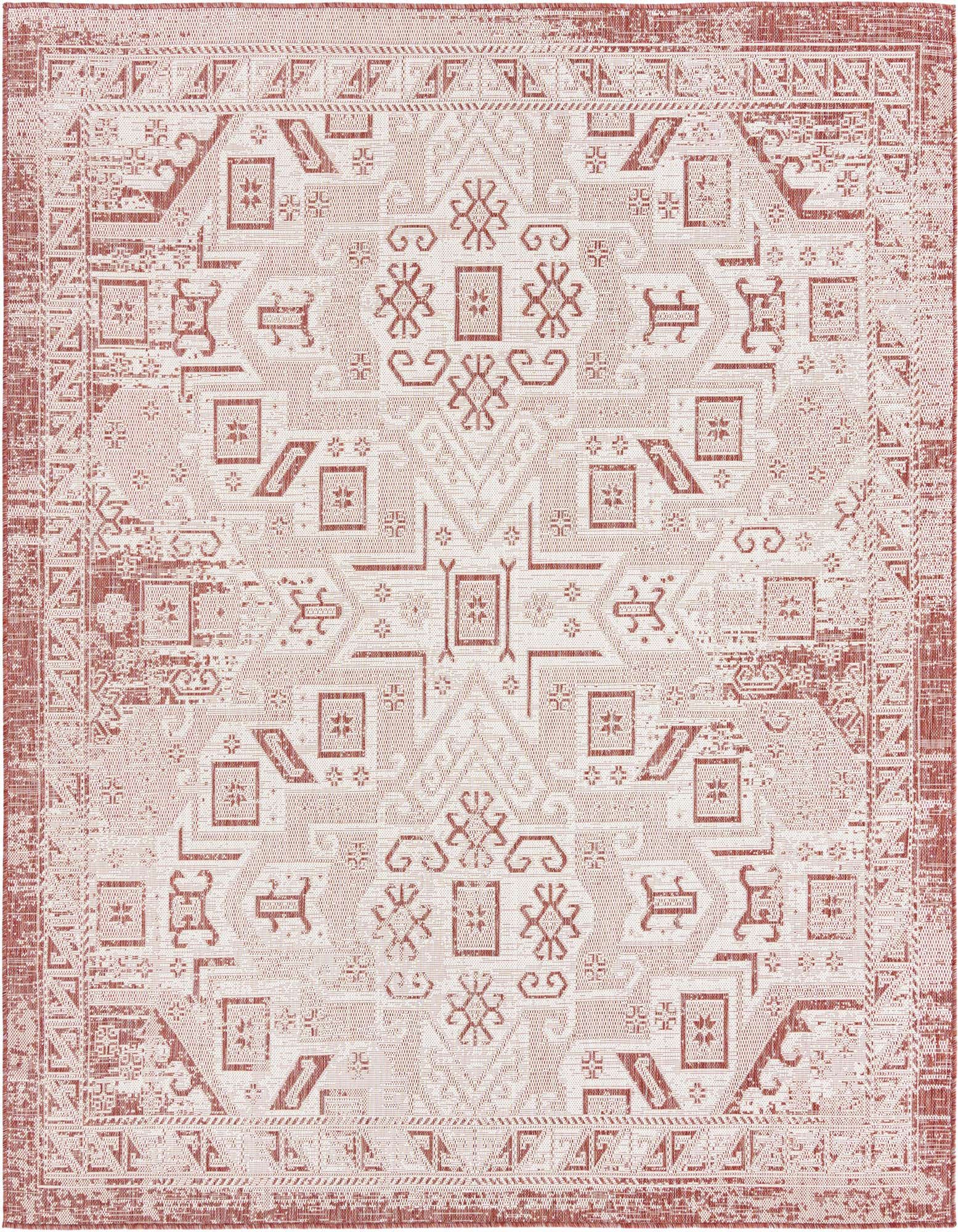 A 7' 10 x 7' 10 square Southwestern flatweave rug in shades of orange and red, featuring tribal patterns and a distressed look.