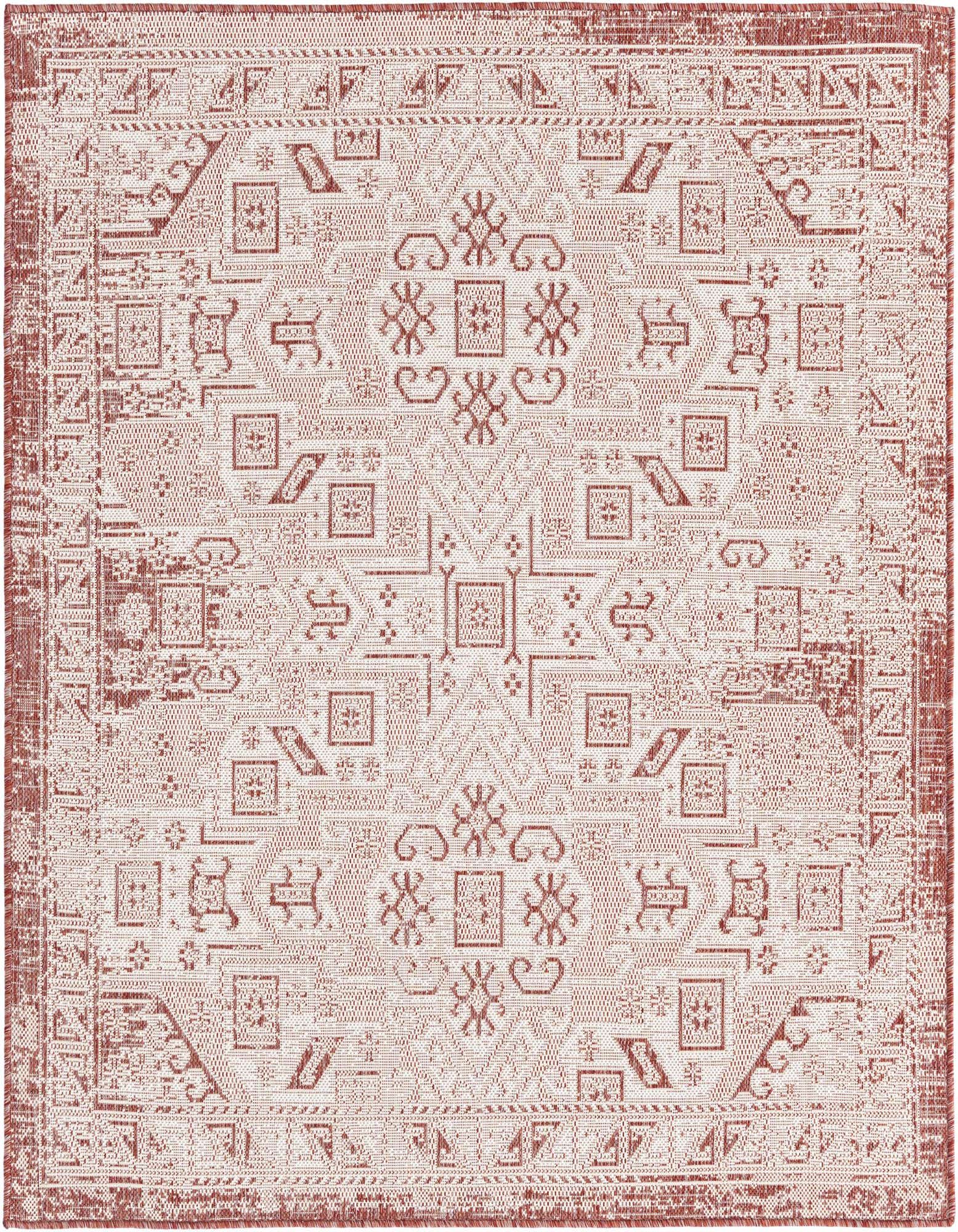 A 5' 3 x 5' 3 square Southwestern rug with a distressed red and orange tribal pattern on a light background, suitable for indoor or outdoor use.
