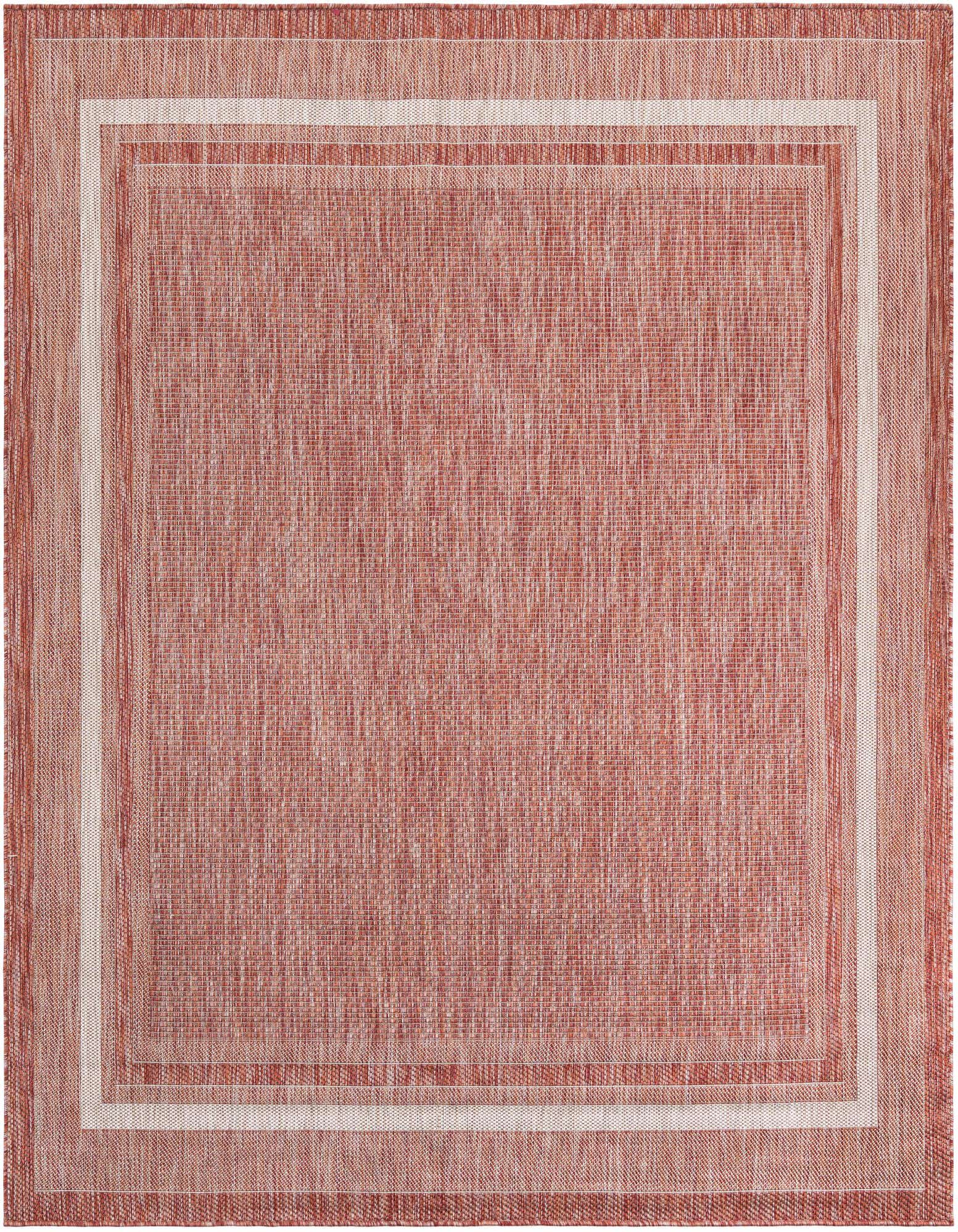 A 7' 10 x 7' 10 square orange and red flatweave rug with a subtle striped border, ideal for a patio.