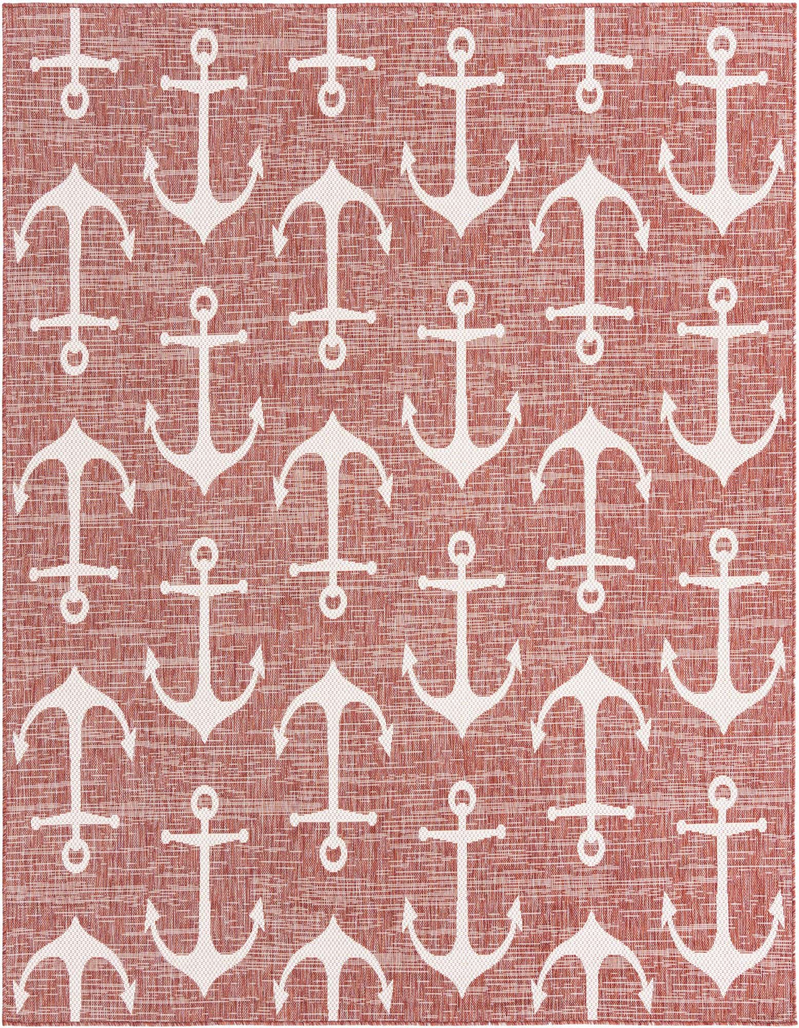 A square indoor/outdoor rug featuring a repeating pattern of white anchors on a textured red-orange background.