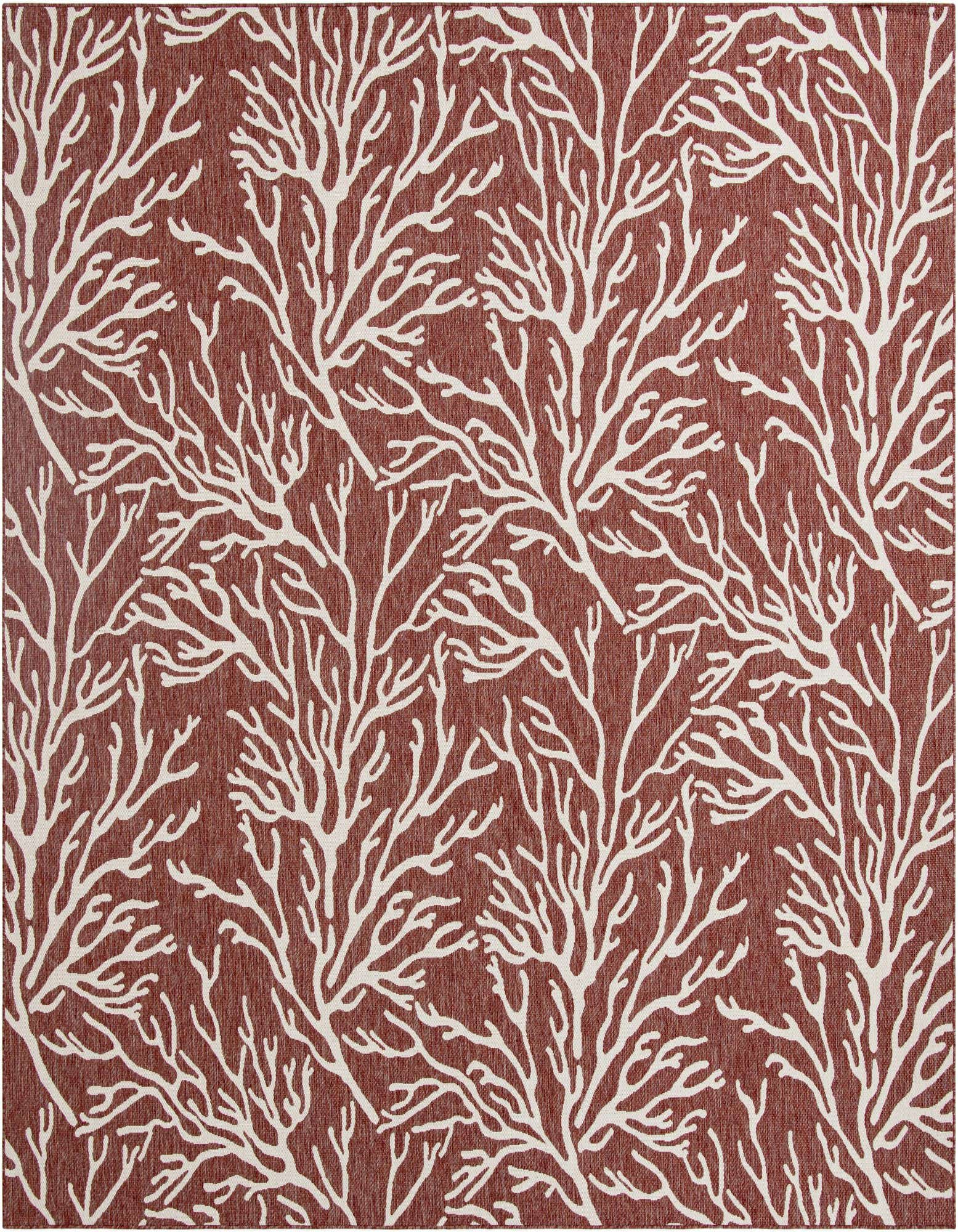 A 12x12 square indoor/outdoor rug featuring a vibrant coral pattern in white against a deep orange-red background.