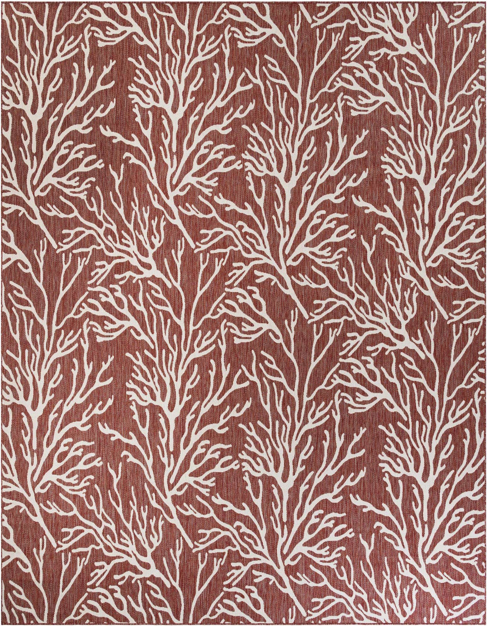 A square 13' x 13' indoor/outdoor rug with a modern beach/nautical coral pattern in white against a textured orange-red background.