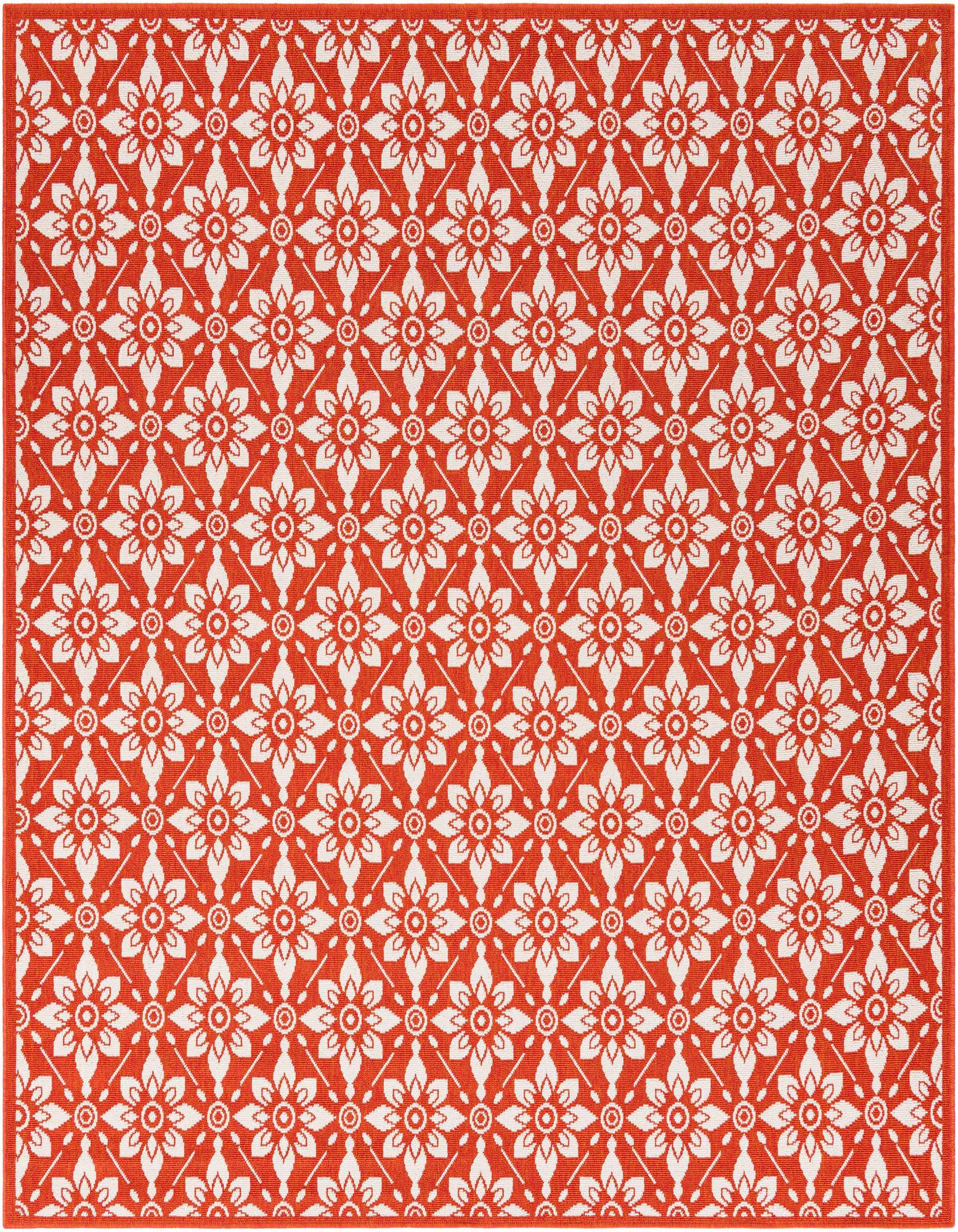 A 7' 10 x 7' 10 square orange and white modern floral rug with a flatweave texture, suitable for indoor or outdoor use.