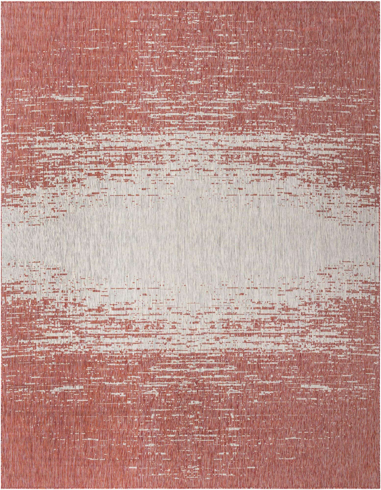 A 13' square modern indoor/outdoor rug with a distressed orange and red pattern fading to a light center.
