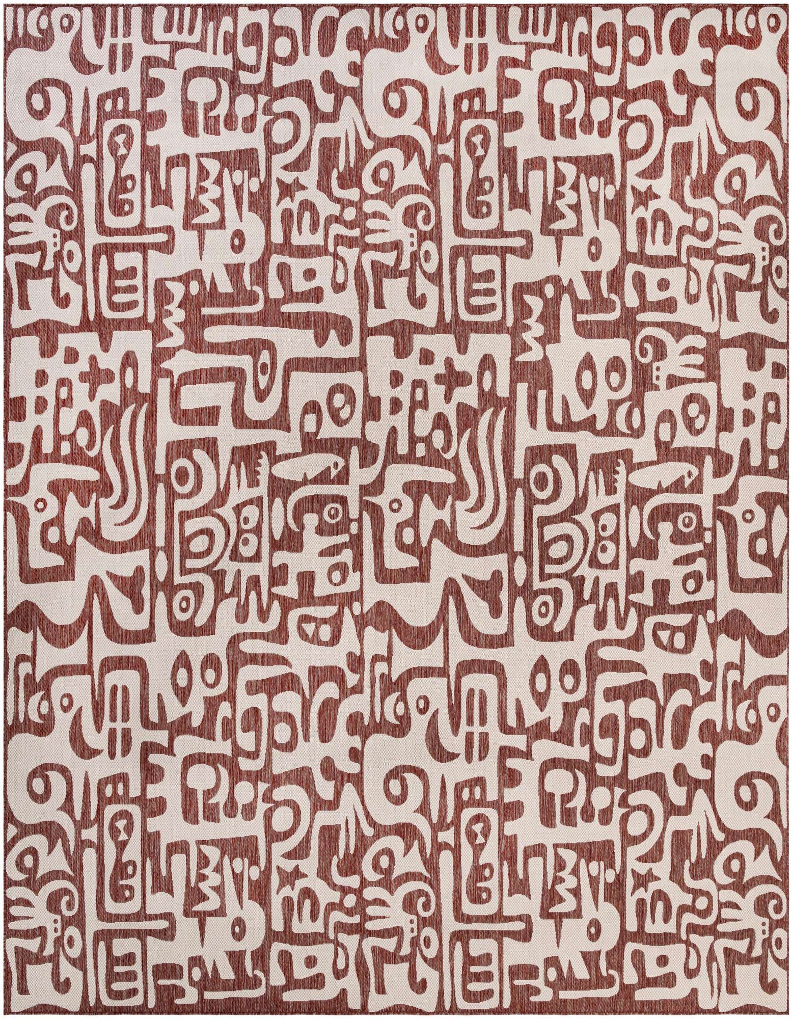 A 13' square modern abstract rug in shades of orange and red with a flat, textured pile, suitable for indoor/outdoor use.