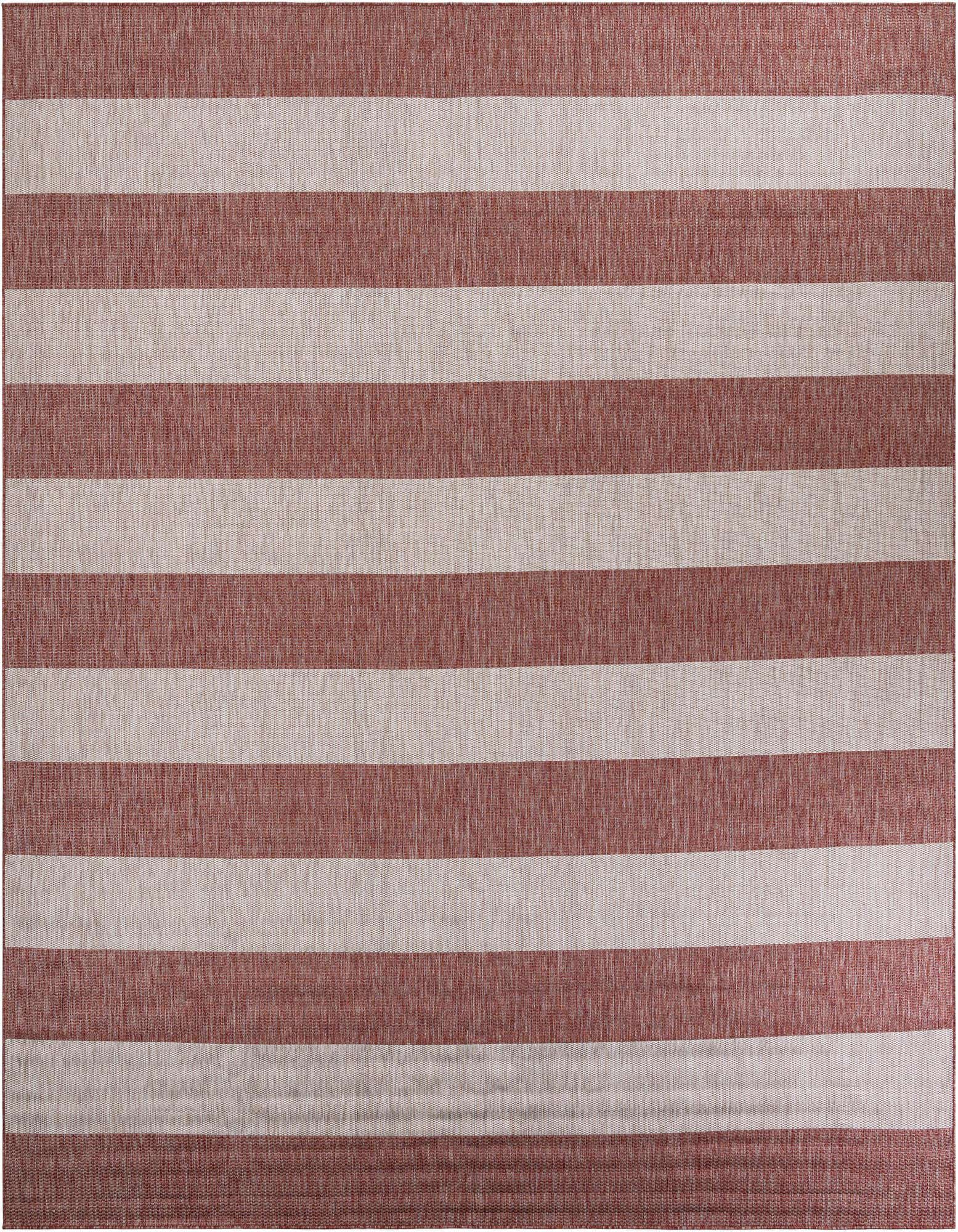 A 12'x12' square indoor/outdoor rug with wide horizontal stripes in alternating shades of terracotta orange-red and light beige.