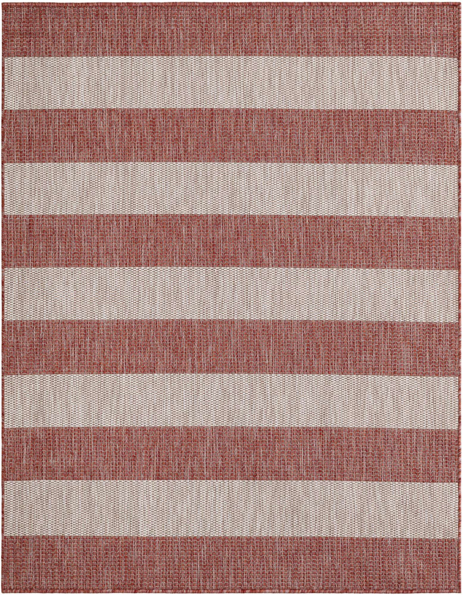A 5' 3 x 5' 3 square indoor/outdoor rug with wide horizontal stripes in alternating terracotta orange and light beige.