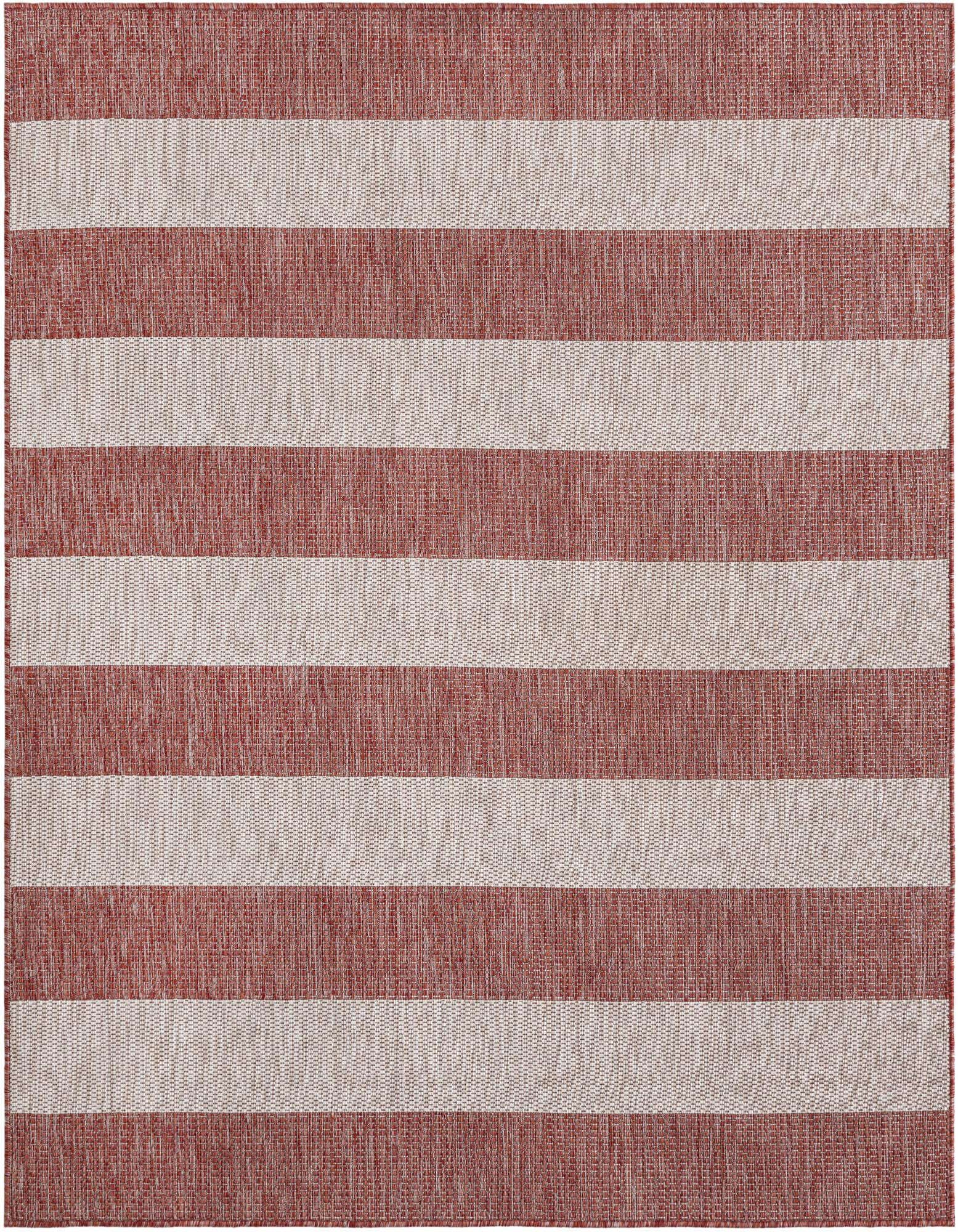 A 6' 0 x 6' 0 square indoor/outdoor rug with wide horizontal stripes in alternating terracotta orange and light beige.