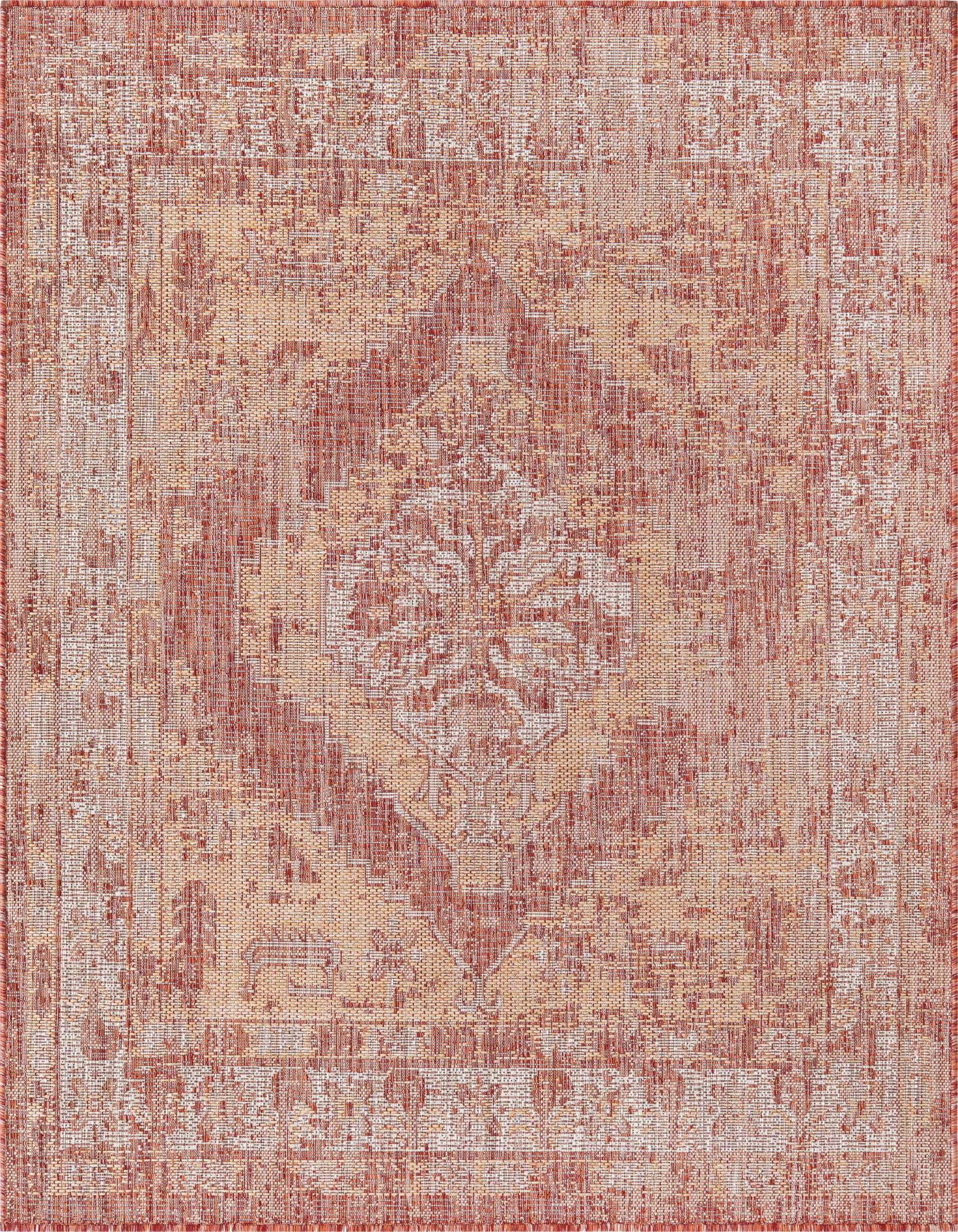 A 5' 3 x 5' 3 square orange and red Southwestern flatweave rug with a distressed traditional pattern.