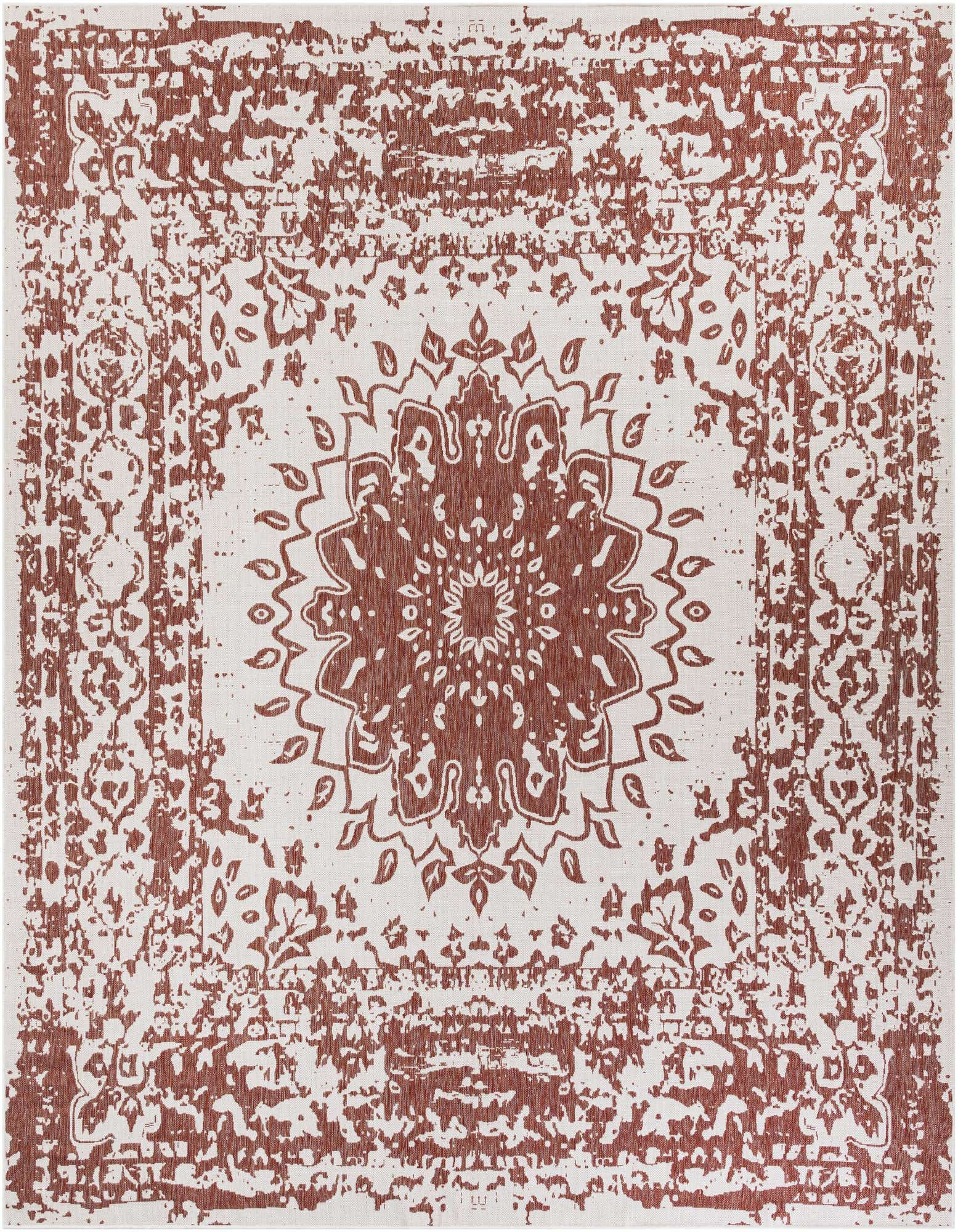A 12'x12' square indoor/outdoor rug with a distressed terracotta orange medallion and traditional pattern on an off-white background.
